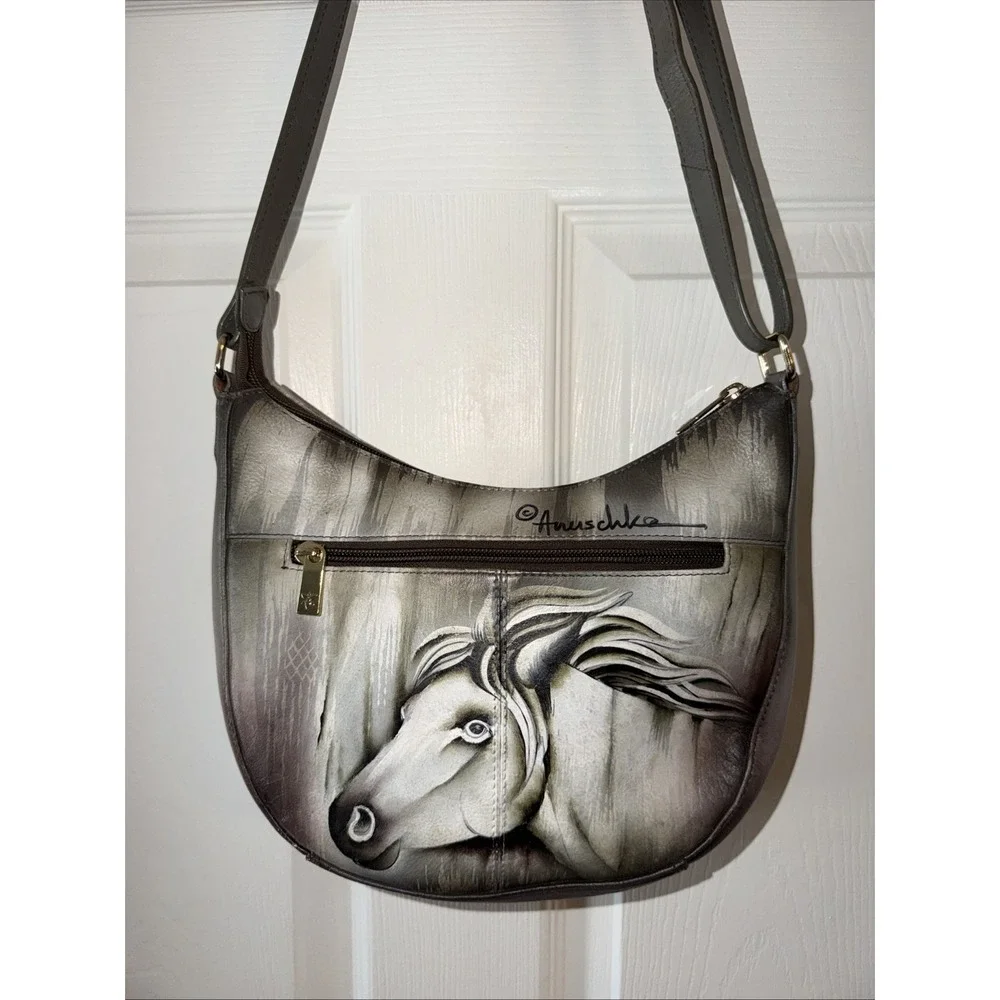 Anuschka Hand Painted Zip Hobo Grey Horse Equestrian Western Leather Handbag